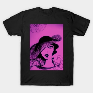RETRO OP ART DECO LADY WITH HAT SEVENTIES ART PRINT LILAC AND INDIGO T-Shirt